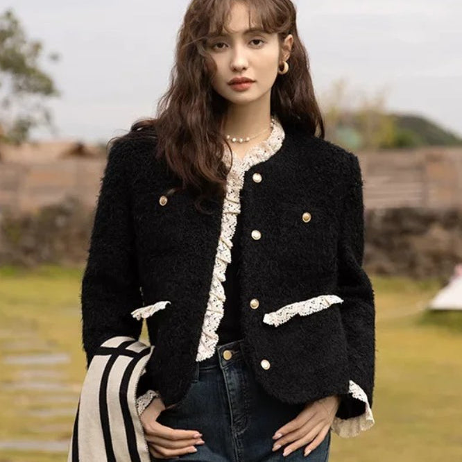 Chaqueta retro de lana con paneles de encaje