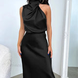 Vestido midi Addison de satén elástico con mangas largas y un encantador...