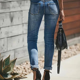 Jeans rectos para mujer - Cintura alta - Denim elástico - Estilo desgastado cómodo