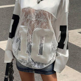 Sudadera estampada con escote en V de encaje transparente