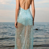 Vestido largo de lentejuelas con espalda abierta transparente y patchwork liso.