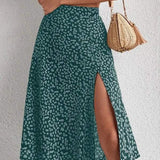 Falda midi para mujer - Cintura alta - Abertura lateral - Tejido ligero y fluido - Estampado floral