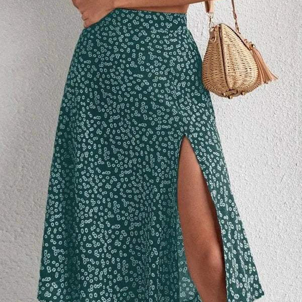 Falda midi para mujer - Cintura alta - Abertura lateral - Tejido ligero y fluido - Estampado floral