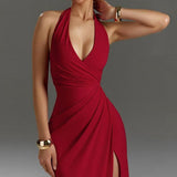 Vestido halter con cuello halter y espalda fruncida