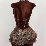 Mini vestido sexy con estampado de leopardo, espalda abierta y volantes