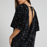 Vestido mini para mujer – Corte holgado – Espalda abierta – Mangas cortas – Con lentejuelas