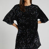 Vestido mini para mujer – Corte holgado – Espalda abierta – Mangas cortas – Con lentejuelas