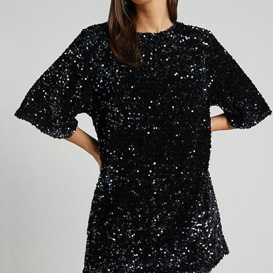 Vestido mini para mujer – Corte holgado – Espalda abierta – Mangas cortas – Con lentejuelas