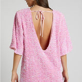 Vestido mini para mujer – Corte holgado – Espalda abierta – Mangas cortas – Con lentejuelas