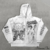 Sudadera con capucha extragrande con cremallera y estampado de ángel Y2K