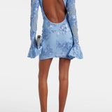 Vestido corto de mujer – Entallado – Bordado floral – Mangas largas – Espalda abierta elegante