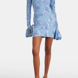Vestido corto de mujer – Entallado – Bordado floral – Mangas largas – Espalda abierta elegante