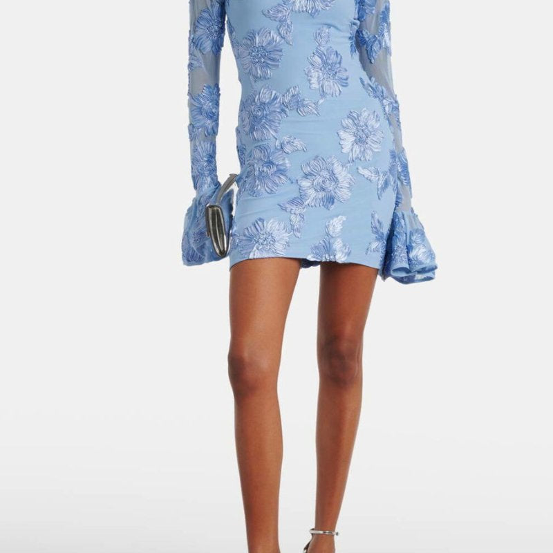 Vestido corto de mujer – Entallado – Bordado floral – Mangas largas – Espalda abierta elegante