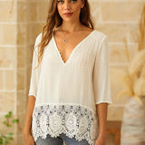 Blusa de mujer – Corte holgado – Cuello en V – Mangas 3/4 – Bajo de encaje – Tejido transpirable