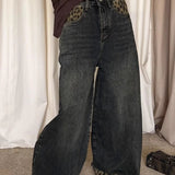 Vaqueros vintage con estampado de leopardo, patchwork, perneras anchas y dobladillos