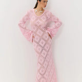 Vestido largo de punto jacquard con estampado de rombos y mangas largas