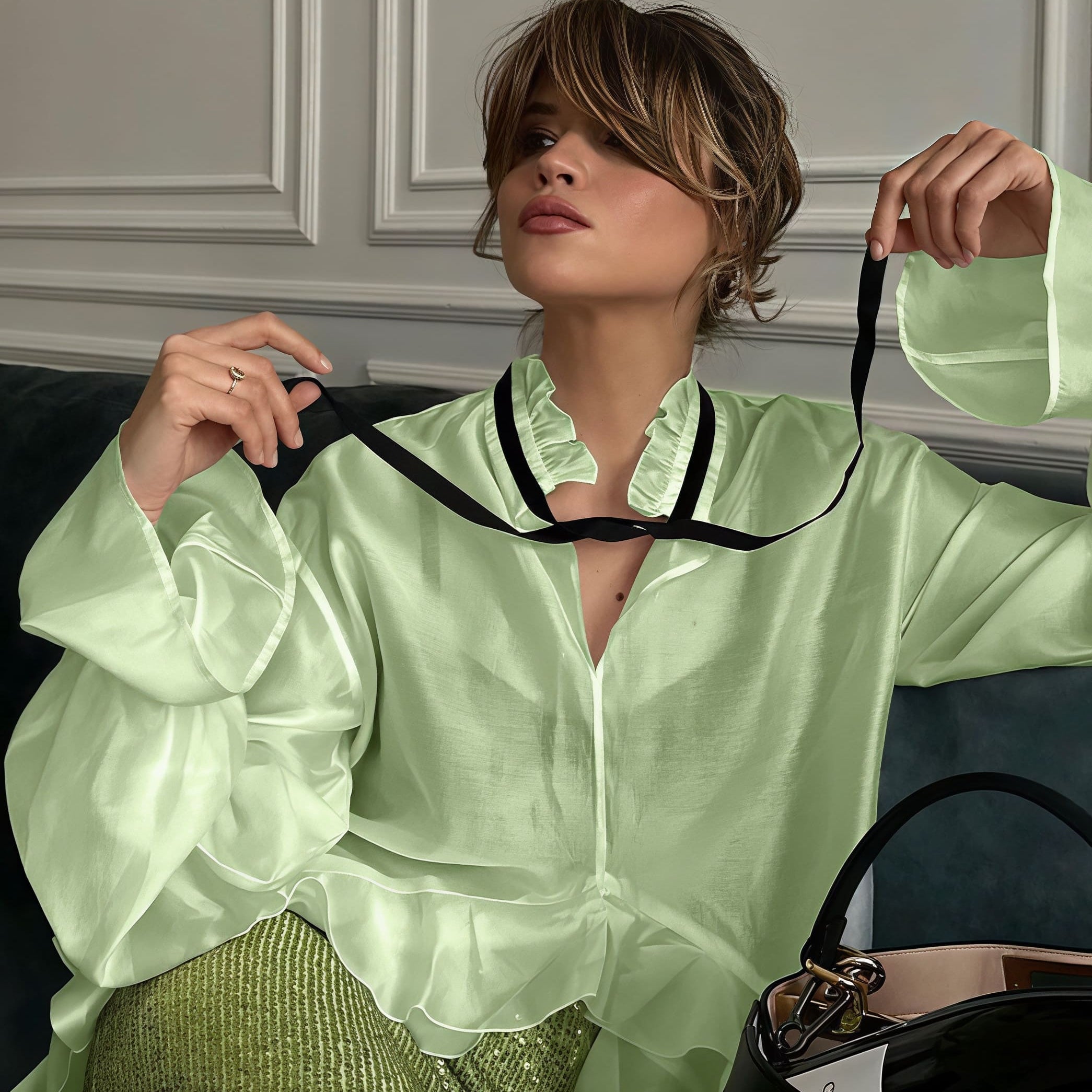 Blusa elegante y sexy con mangas acampanadas transparentes.