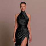 Elegante vestido sin espalda para mujer - Abertura alta - Acabado satinado