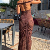 Vestido largo sexy de patchwork con espalda abierta y abertura de encaje transparente.