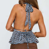 Blusa halter con estampado de cebra retro y cintura atada
