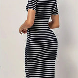 Vestido ajustado para mujer – Estampado de rayas – Mangas cortas – Cuello redondo – Largo hasta la rodilla