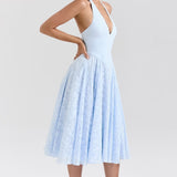 Vestido de noche romántico de jacquard azul sin espalda
