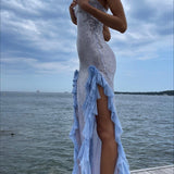 Vestido largo sexy con lentejuelas transparentes y volantes.