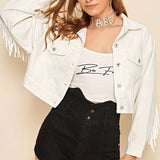 Chaqueta vaquera informal blanca con flecos