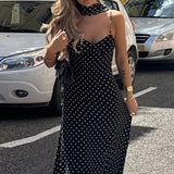 Vestido maxi sexy de lunares con espalda abierta, escote en pico y camiseta sin mangas