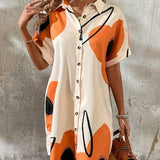 Vestido camisero para mujer - Manga corta - Abotonado - Corte holgado - Estampado floral moderno