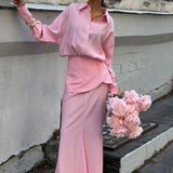Conjunto de dos piezas: vestido camisero liso de manga larga, de estilo urbano elegante y creativo.
