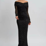 Vestido de noche maxi sin tirantes y manga larga en punto