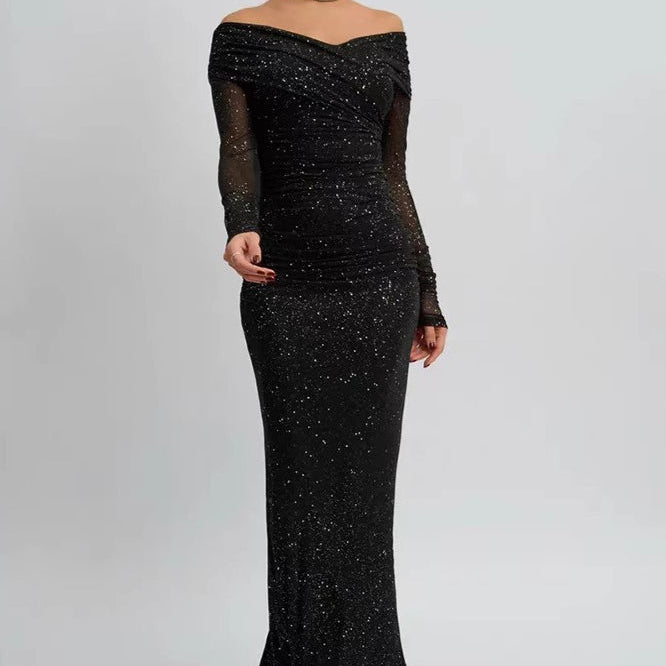 Vestido de noche maxi sin tirantes y manga larga en punto