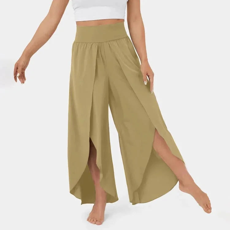 Pantalones de yoga para mujer – Corte holgado y fluido – Cintura alta – Abertura lateral – Tejido transpirable