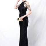 Vestido de noche largo sirena con lentejuelas y espalda abierta