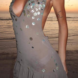 Mini vestido sexy con espalda abierta, lentejuelas y volantes.