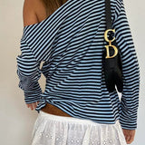 Blusa de manga larga, de punto suelto, con rayas y cuello en V en bloques de color