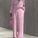 Conjunto de dos piezas: pantalón de punto rosa de corte recto con cremallera para la oficina