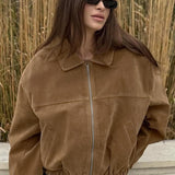 Chaqueta casual vintage de ante con cremallera frontal