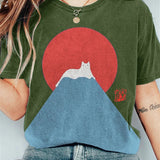Camiseta de mujer - Cuello redondo - Manga corta - Corte holgado - Estampado gráfico de gato
