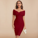 Vestido elegante para mujer - Hombros descubiertos - Entallado - Hasta la rodilla - Vestido de noche