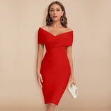 Vestido elegante para mujer - Hombros descubiertos - Entallado - Hasta la rodilla - Vestido de noche
