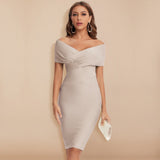 Vestido elegante para mujer - Hombros descubiertos - Entallado - Hasta la rodilla - Vestido de noche