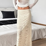 Falda larga de brocado de encaje beige transparente