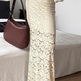 Falda larga de brocado de encaje beige transparente