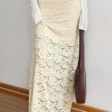 Falda larga de brocado de encaje beige transparente