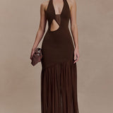 Vestido maxi ajustado asimétrico con aberturas y frunces en la espalda