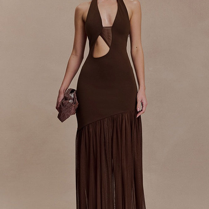 Vestido maxi ajustado asimétrico con aberturas y frunces en la espalda