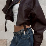 Chaqueta biker corta de piel retro con cuello alto y cierre de cremallera