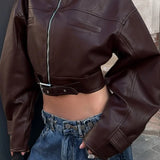 Chaqueta biker corta de piel retro con cuello alto y cierre de cremallera